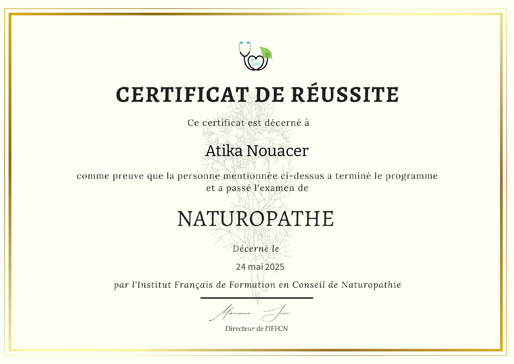 Certificats de formation de naturopathe certifiée